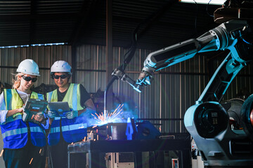 factory engineers using smart control to control the arm robot machine for cutting the metal sheet....