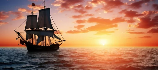 Poster Warm oranje Vintage sailboat on the sea sunset background