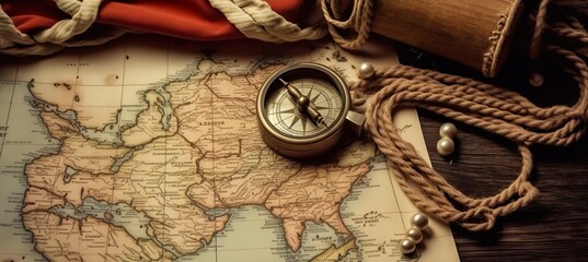 Fototapeta na wymiar American flag and compass on treasure map on the tab
