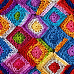 Fototapeta na wymiar Rainbow-colored crochet squares. Realistic, seamless background pattern, diamonds shape