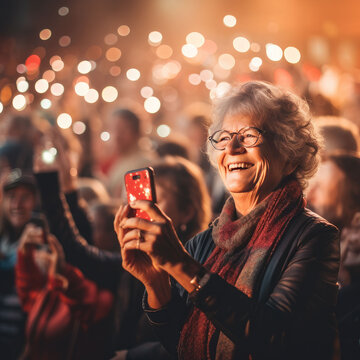 Elderly Senior Woman At A Concert, Holding Up Her Phone To Take Video Or Photos. Bokeh