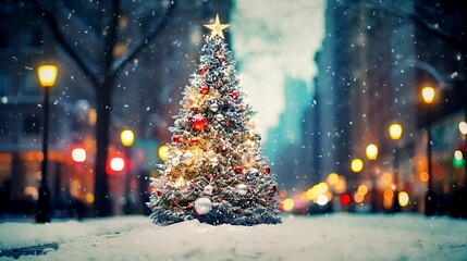 Christmas tree decorated illuminated on snowy evening  winter city street in New York