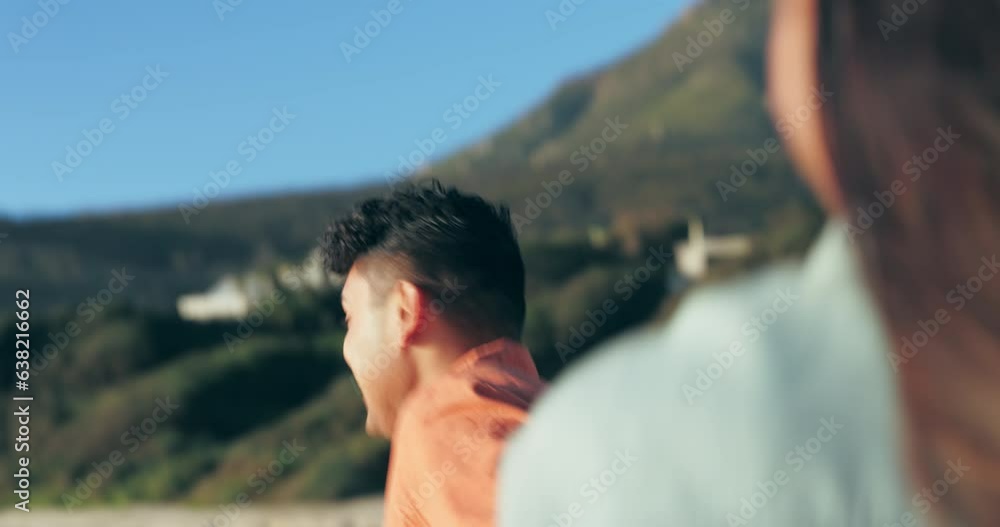 Poster Beach, couple holding hands and happy man running, excited and walking on nature tour, having fun and bond on honeymoon. Adventure, sunshine and romantic people smile, care and lead marriage partner