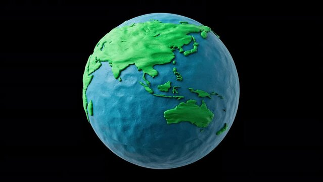 Rotating Clay planet Earth. Plasticine globe. Seamless loop animation. Embedded alpha channel