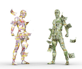 US Dollar vs Cfa franc note, Forex trading, currency pairing, human characters made of money, currency fight, 3d rendering
