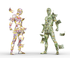 US Dollar vs Cfa franc note, Forex trading, currency pairing, human characters made of money, currency fight, 3d rendering
