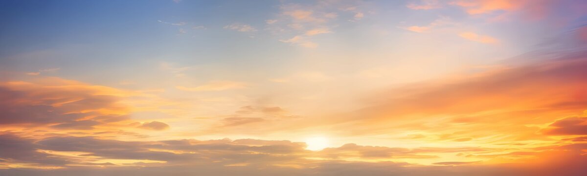 オレンジ色の夕焼けの美しい空と雲。グラデーションする空の色