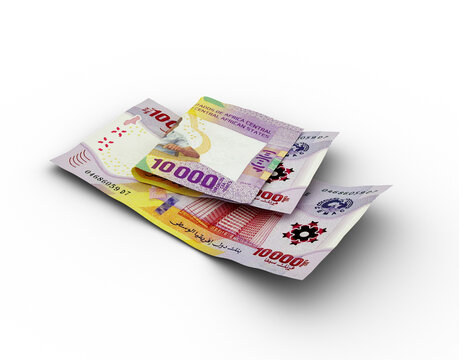 3D rendering of Double 10000 Central African CFA franc notes isolated on white background
