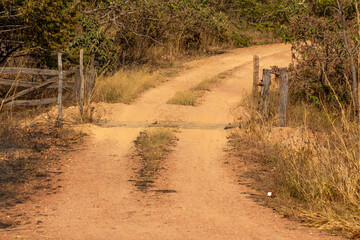 Uma estrada de chão com porteira aberta e muita vegetação típica do centro-oeste brasileiro ao redor.