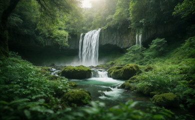A beautiful forest with waterfall and plants.