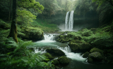 A beautiful forest with waterfall and plants.
