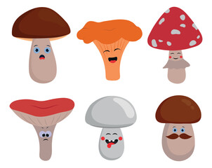 Cartoon funny vector mushrooms illustration. Cute autumn set. Season kids collection. Chanterelle, fly agaric, russula, champignon, porcini