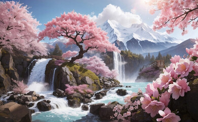 Naklejka na ściany i meble Blooming sakura tree with mountain and waterfall background.
