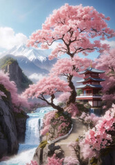 Blooming sakura tree with mountain and waterfall background.