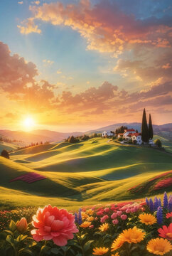 A landscape of rolling hills and vibrant flowers.