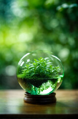Globe Glass with green little plant World environment day concept.