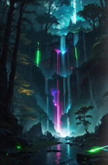 A beautiful fantasy futuristic cyberpunk forest.