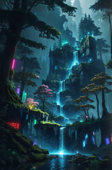 A beautiful fantasy futuristic cyberpunk forest.