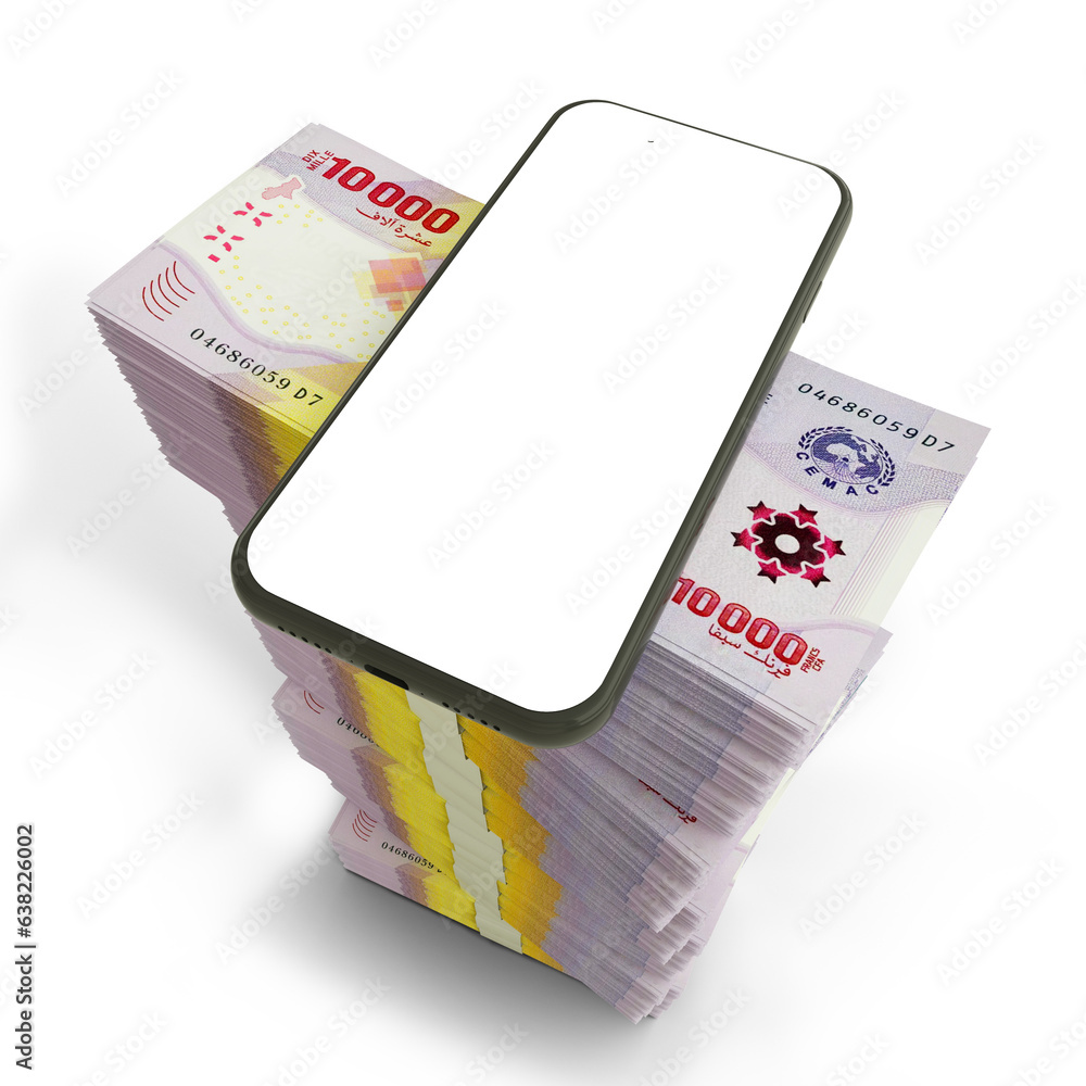 Poster 3d rendering of mobile phone with blank screen on top of stacks of 2022 central african cfa franc no