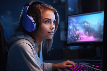 Woman Player smiling at his computer screen during an online video gaming session - Generative AI