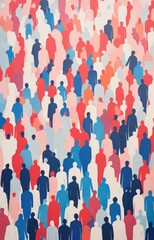 A Crowd of different men and women in a beautiful Gouache style risograph - Screenprint style poster artwork — PORTRAIT High Res - Pink, yellow, blue, black, green