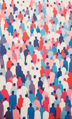 A Crowd of different men and women in a beautiful Gouache style risograph - Screenprint style poster artwork — PORTRAIT High Res - Pink, yellow, blue, black, green