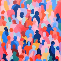 A Crowd of different men and women in a beautiful Gouache style risograph - Screenprint style poster artwork — SQUARE High Res - Pink, yellow, blue, black, green