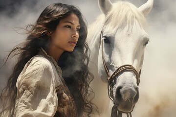 Fototapeta premium Cowgirl, Attractive girl rider , ranch, riding a horse, pasture, headdress hat, Texas clothes shepherd, female .