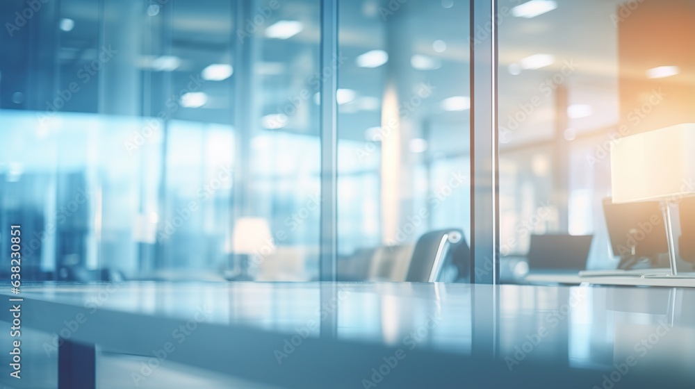 Poster office with a blurred vacant open space. office interior background with abstract light bokeh for de