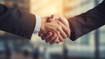 Business Handshake: A close-up shot of two businesspeople shaking hands, symbolizing a successful deal, partnership, or agreement. The image evokes trust, collaboration, and mutual respect.