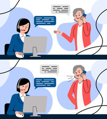 問い合わせをするシニア女性とコールセンターの女性のイラスト