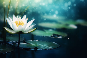close-up capture of a radiant water lily in a peaceful pond, with mesmerizing bokeh lights in the background.