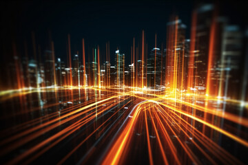 abstract cityscape illuminated by vivid orange light trails symbolizes dynamic communication and modern urban life