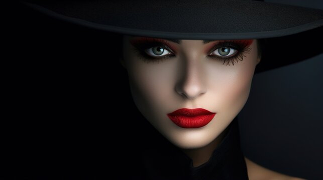 Black Hat conceals an elegant woman's face portrait. Over a dark gray background, a beauty fashion model wears red lips and wears eye makeup. generative ai