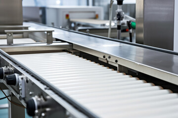 Capturing the swift motion of products, a close-up reveals the conveyor belt on a packaging machine effortlessly transporting items between stations.