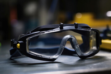 A captivating portrayal of safety goggles, showcasing their intricate design with adjustable straps and remarkably durable lenses, emphasizing their paramount role in safeguarding eyes within - obrazy, fototapety, plakaty