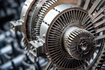 A mesmerizing close-up capturing the awe-inspiring intricacies and flawless precision of an industrial fan motor.