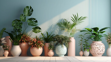 Beautiful ornamental plants with patterned stacks in front of the house