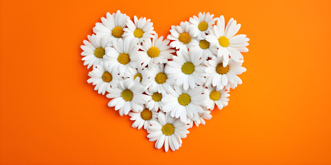 White heart made of lots of camomile flowers on orange background