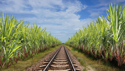 sugar cane field with a railroad running through the middle of the crop to facilitate the...