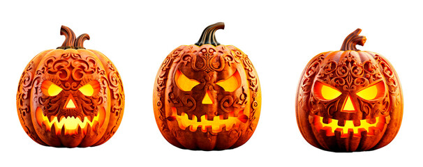 Three Halloween carved pumpkins over isolated transparent background