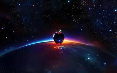 宇宙空間に浮かぶリンゴのオブジェ