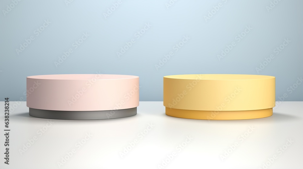 Poster podium has a semi-circle backdrop of pastel yellow, blue, and pink. geometric abstract vector render