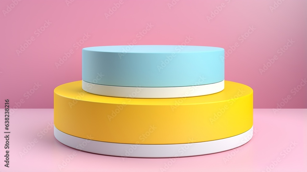 Poster podium has a semi-circle backdrop of pastel yellow, blue, and pink. geometric abstract vector render