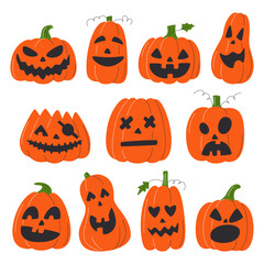 Different carving pumpkins for October celebration. Orange Jack o lanterns with various facial expression collection. Spooky holiday decor. Halloween decoration set hand drawn flat vector illustration