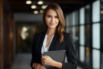 Attractive business woman in formal wear is holding a digital tablet and looking at the camera with a smile