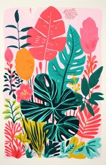 Beautiful print of indoor pot plants, in Risograph . screen print style painting in Gouache or oils, naturalistic and naive  with pink color scheme