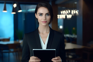 Attractive business woman in formal wear is holding a digital tablet and looking at the camera with a smile