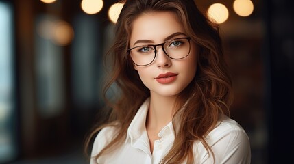 Portrait of a smiling businesswoman with glasses, showcasing beauty and confidence - obrazy, fototapety, plakaty