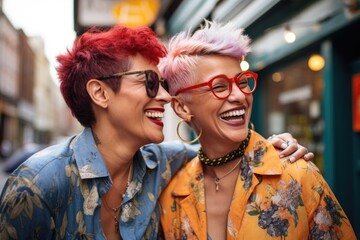 Smiling portrait of a middle aged interracial lesbian couple in the city - obrazy, fototapety, plakaty